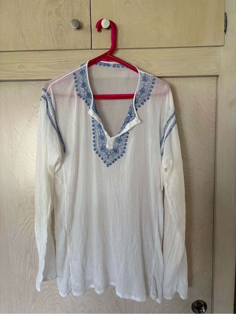 White Long-Sleeve Top Embroidered in blue Lightweight Shirt. V neck with buttons